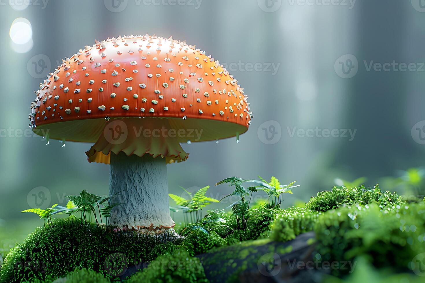 Enchanting Forest Mushroom Scene with Dewy Amanita Muscaria for Nature and Fantasy Themes photo