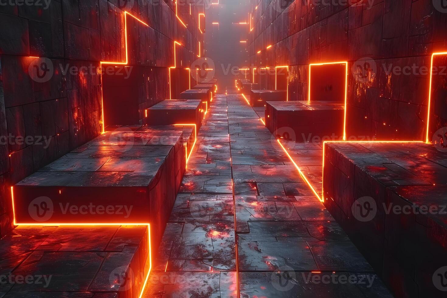 Futuristic Neon Maze in Dark Sci-Fi Setting for Digital Design and Backgrounds photo