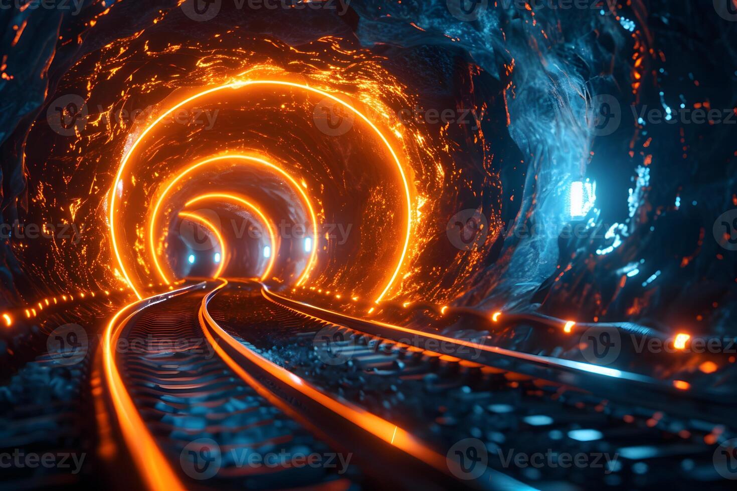 Futuristic Neon Tunnel with Illuminated Rail Tracks for Sci-Fi and Cyberpunk Design photo