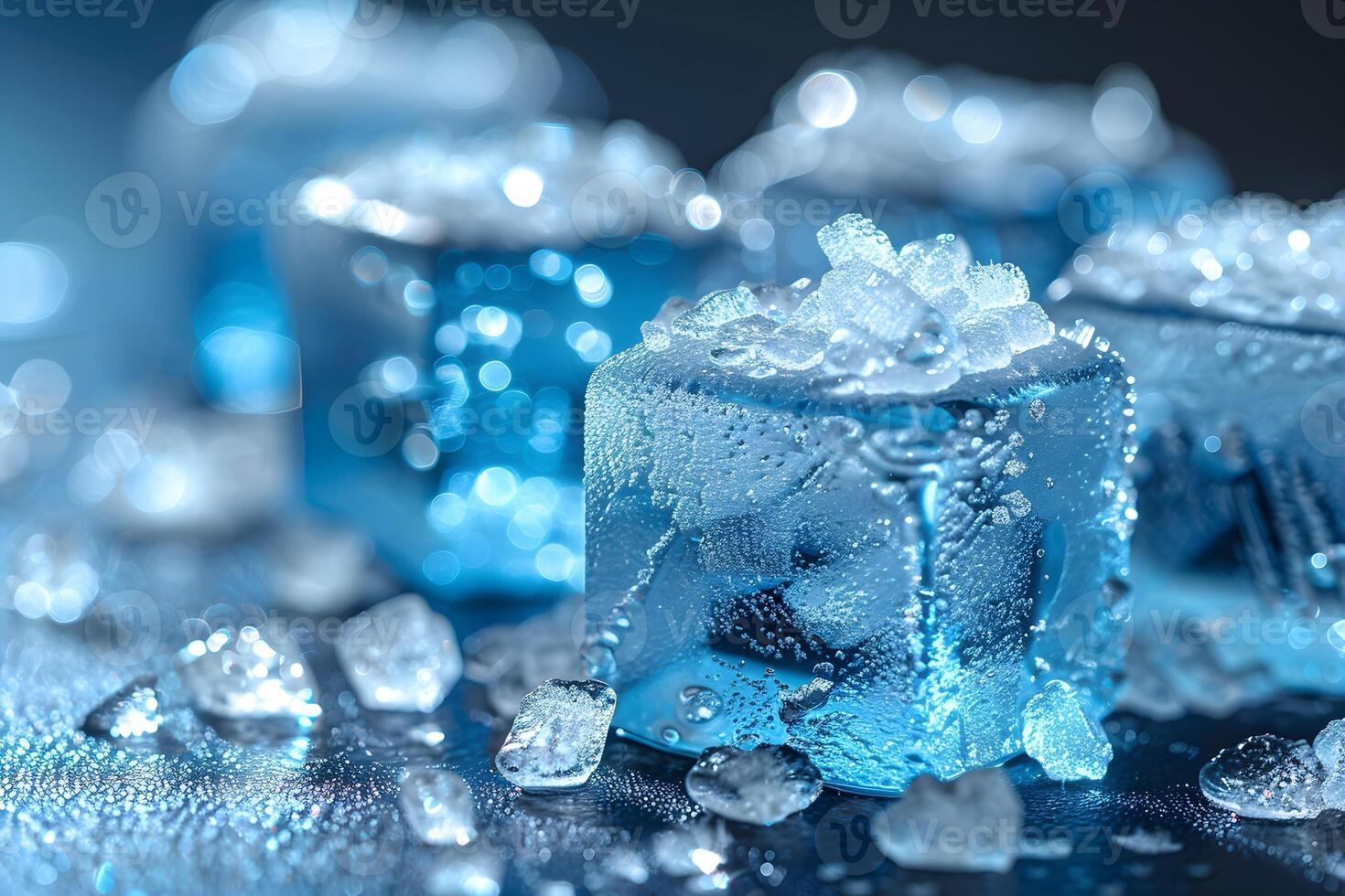 Close-Up of Blue Ice Cubes and Crushed Ice with Dramatic Lighting for Refreshing Concepts photo