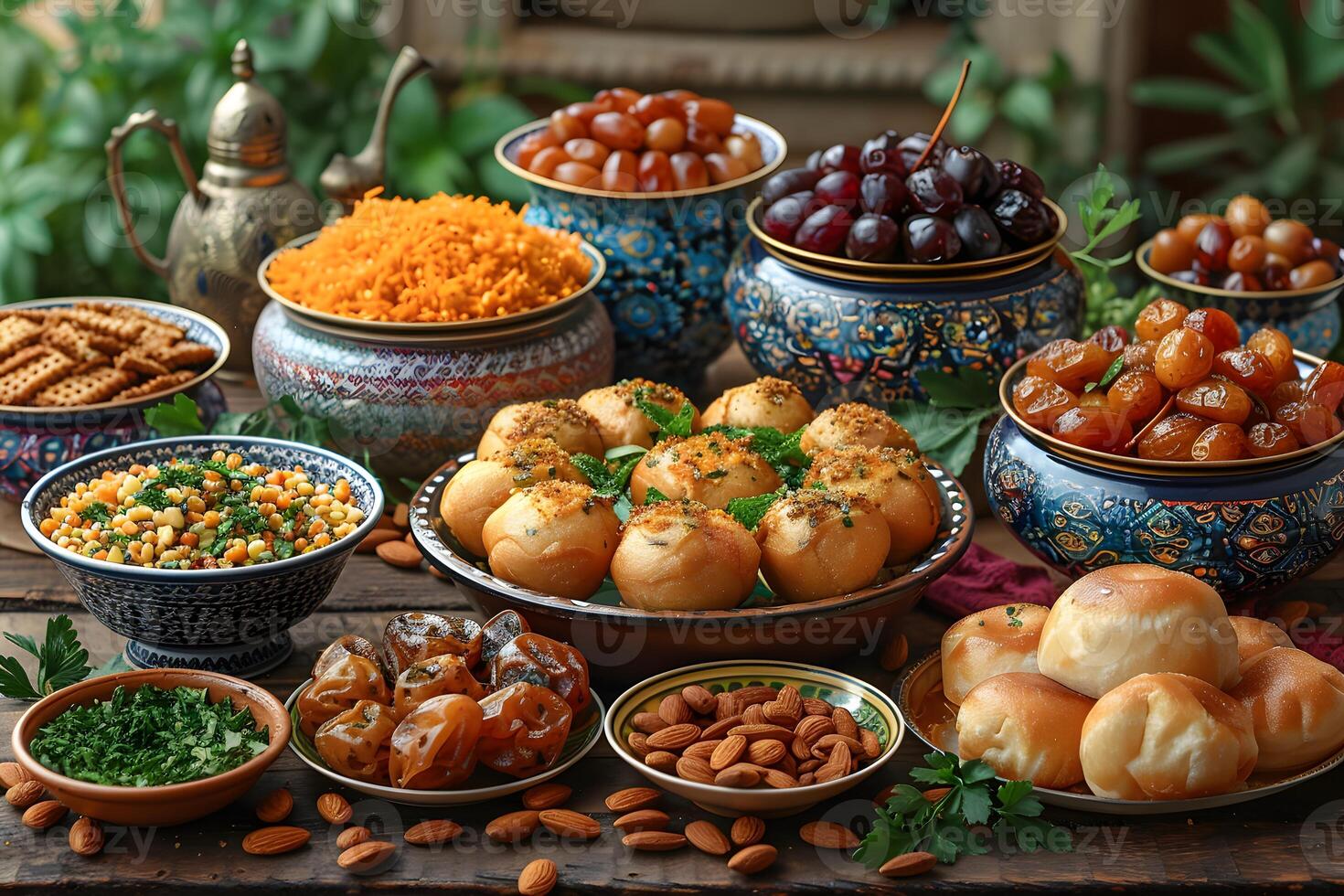 Traditional Middle Eastern Feast with Vibrant Bowls and Assorted Dishes Perfect for Ramadan Celebration and Cultural Events photo