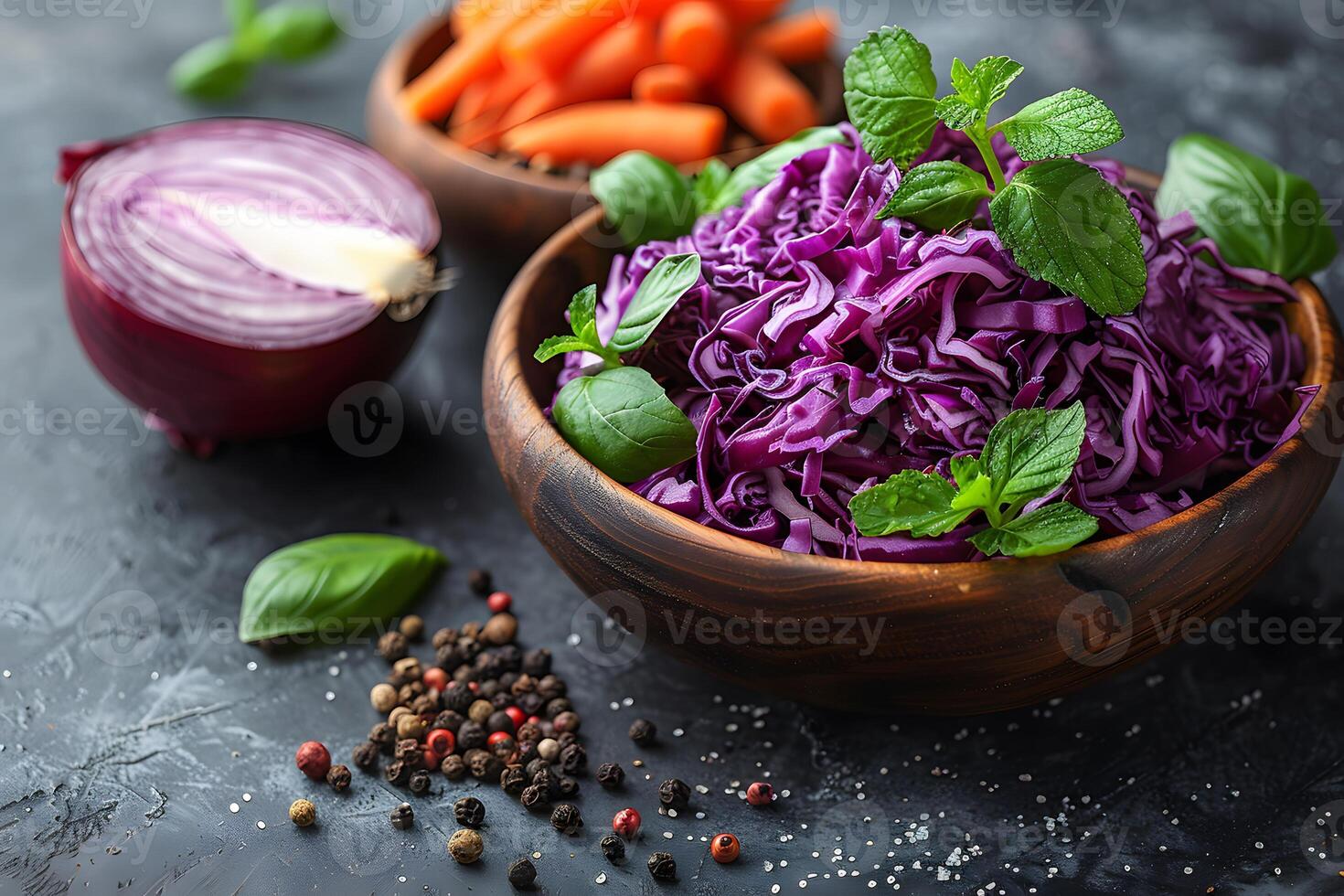 Fresh Ingredients for a Vibrant, Nutritious Salad with Purple Cabbage and Herbs photo