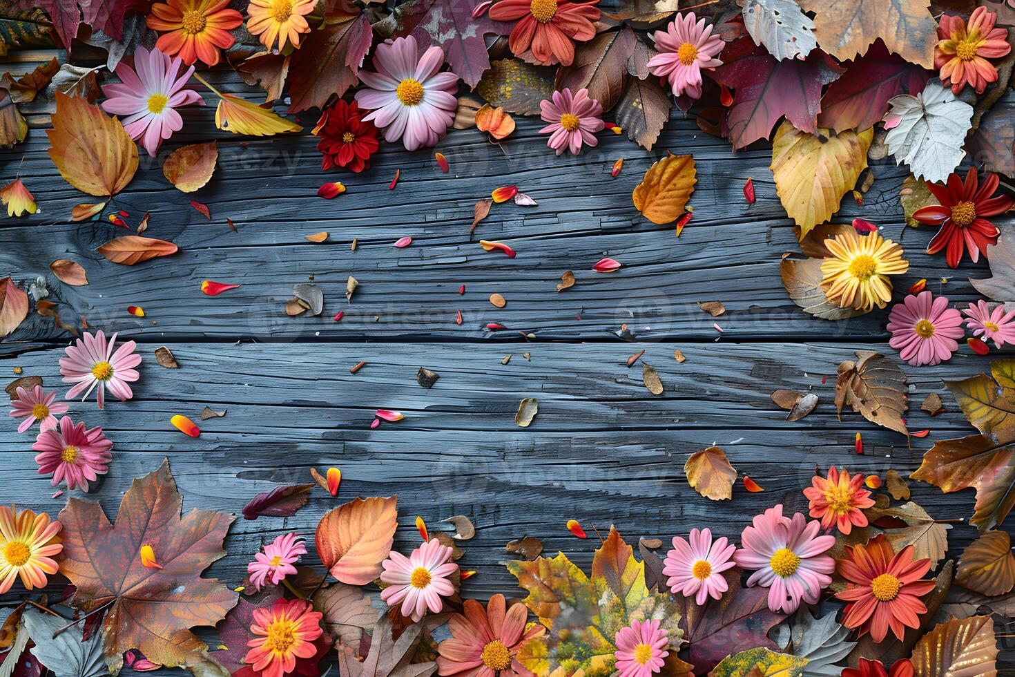 Autumn Floral Frame on Rustic Wooden Background for Seasonal Decor and Cards photo