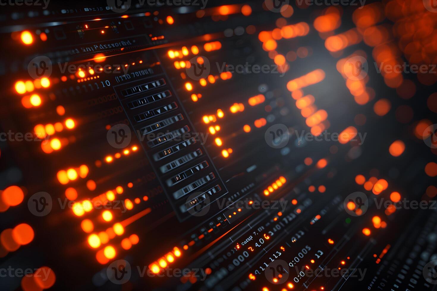 Futuristic Digital Interface with Glowing Orange Data Streams and Circuitry Elements photo