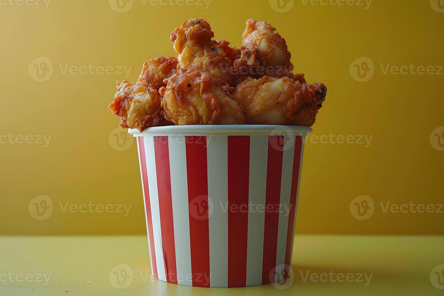 Crispy Fried Chicken in Red Striped Bucket on Yellow Background for Food Promotion photo