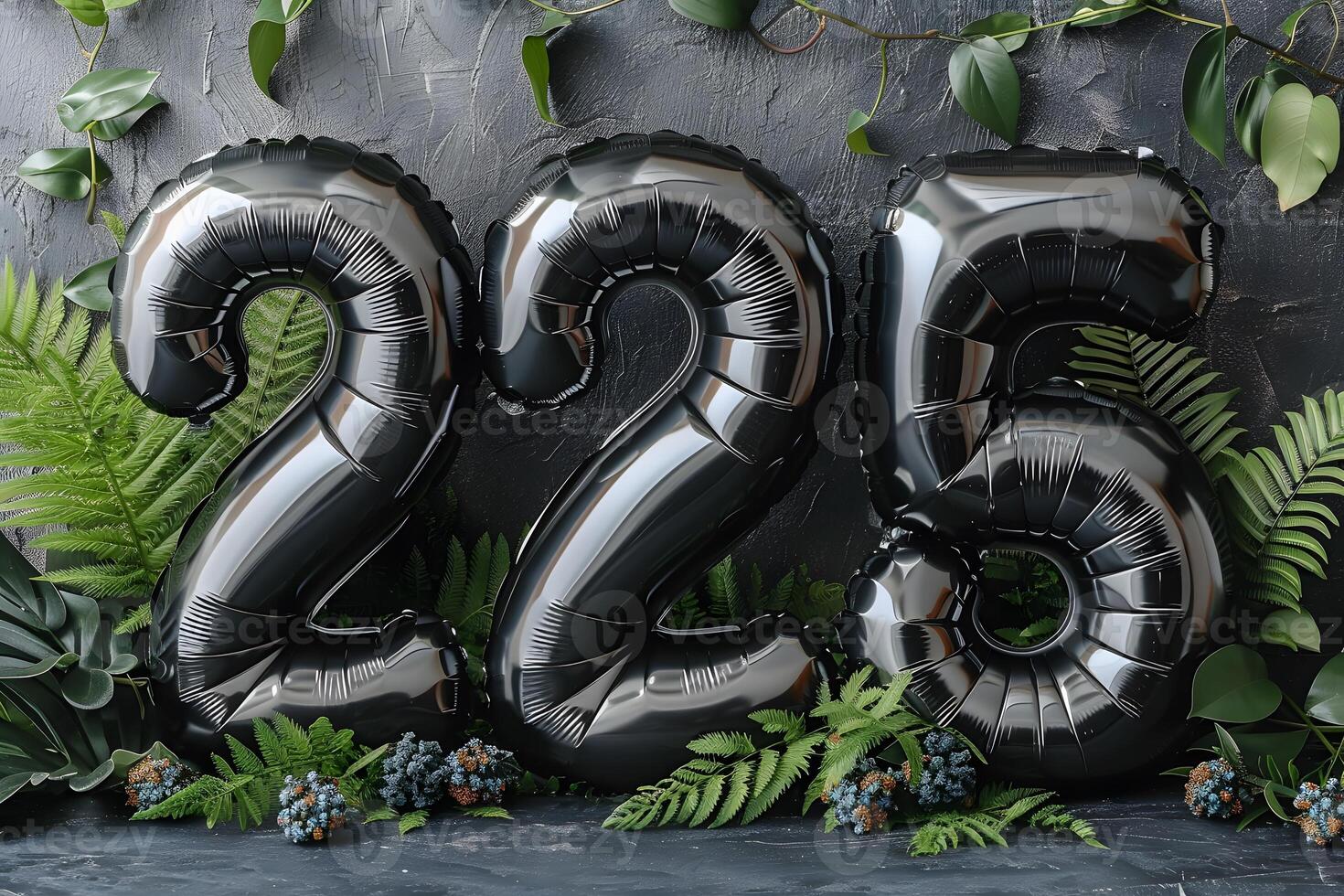 Elegant Metallic Balloon Numbers with Greenery for Modern Decoration and Celebration Design photo