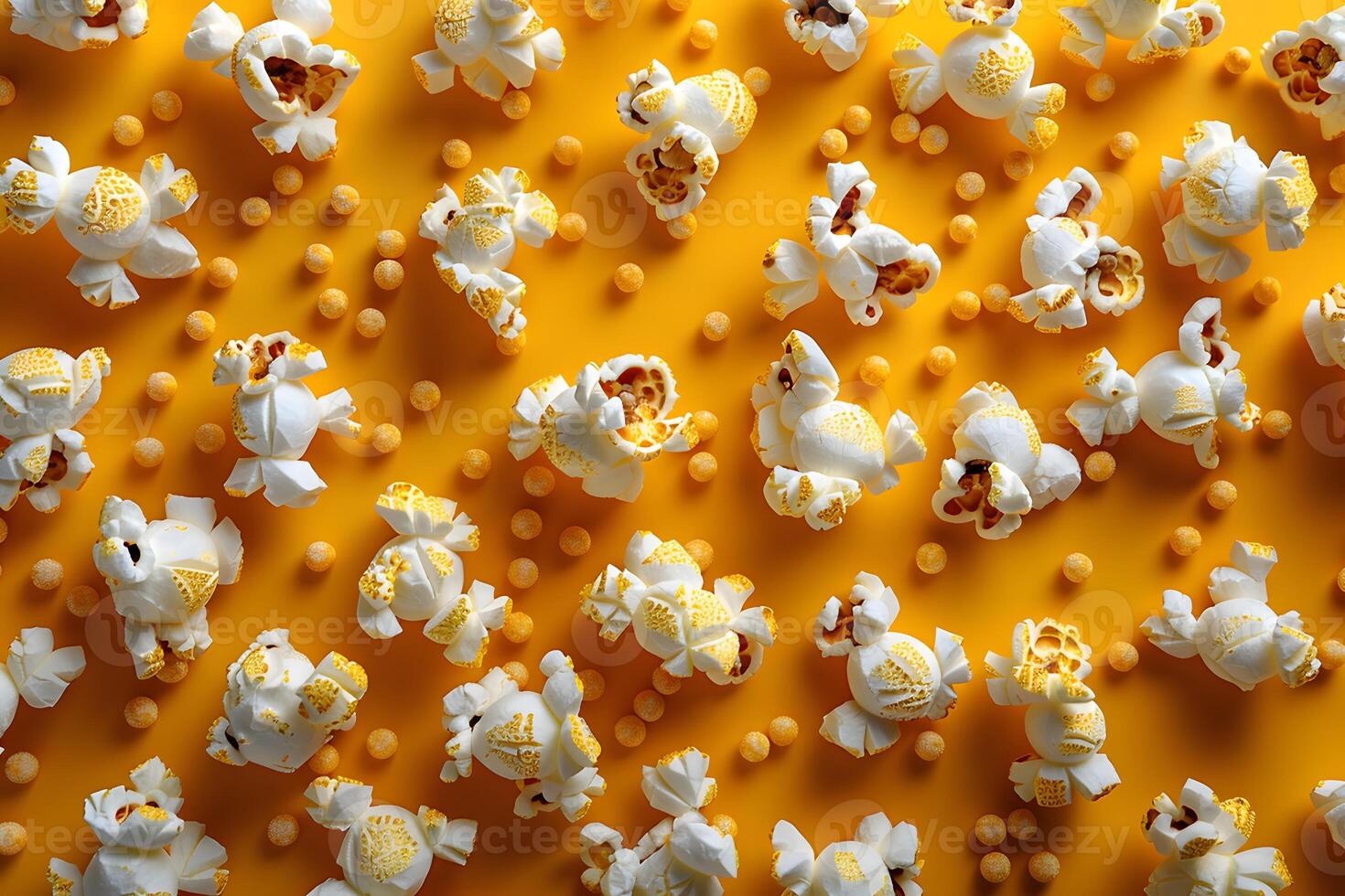 Popcorn and Caramel Corn Clusters on Vibrant Yellow Background for Food Concept and Snack Design photo