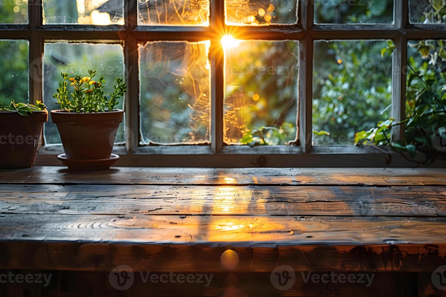Cozy Sunlit Window Scene with Rustic Wooden Table and Potted Plants photo