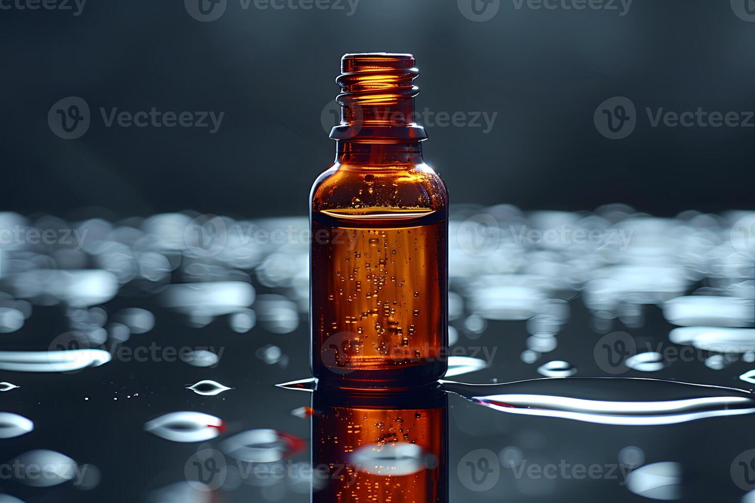 Essential Oil Amber Glass Bottle on Reflective Wet Surface for Product Design photo