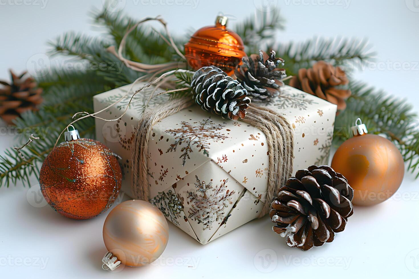 Festive Christmas Gift Wrapped in Snowflake Paper with Ornaments and Pinecones photo