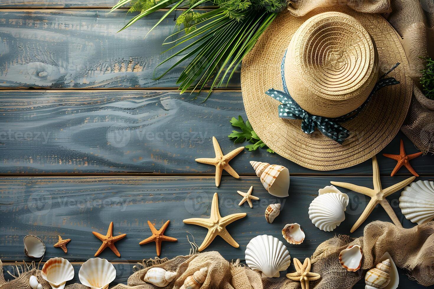 Coastal Summer Vibes with Straw Hat and Seashells for Beach-Themed Decor photo