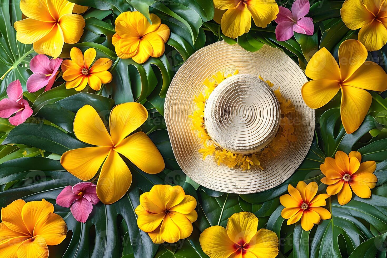 Vibrant Summer Floral Arrangement with Straw Hat in Tropical Setting for Decorative Design photo