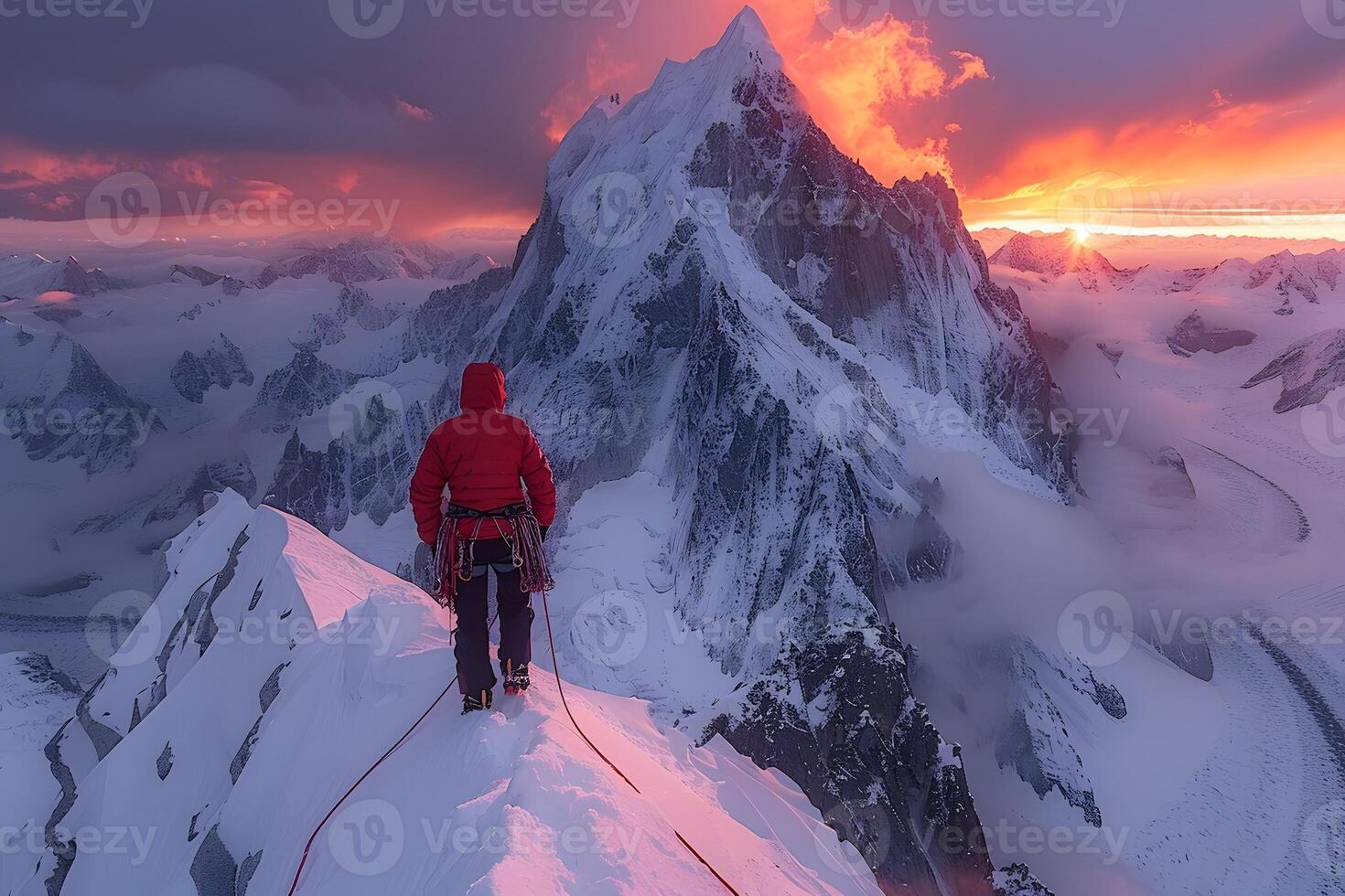 Adventurous Mountaineer Climbing Snow-Covered Peak at Sunset in Majestic Mountain Range photo