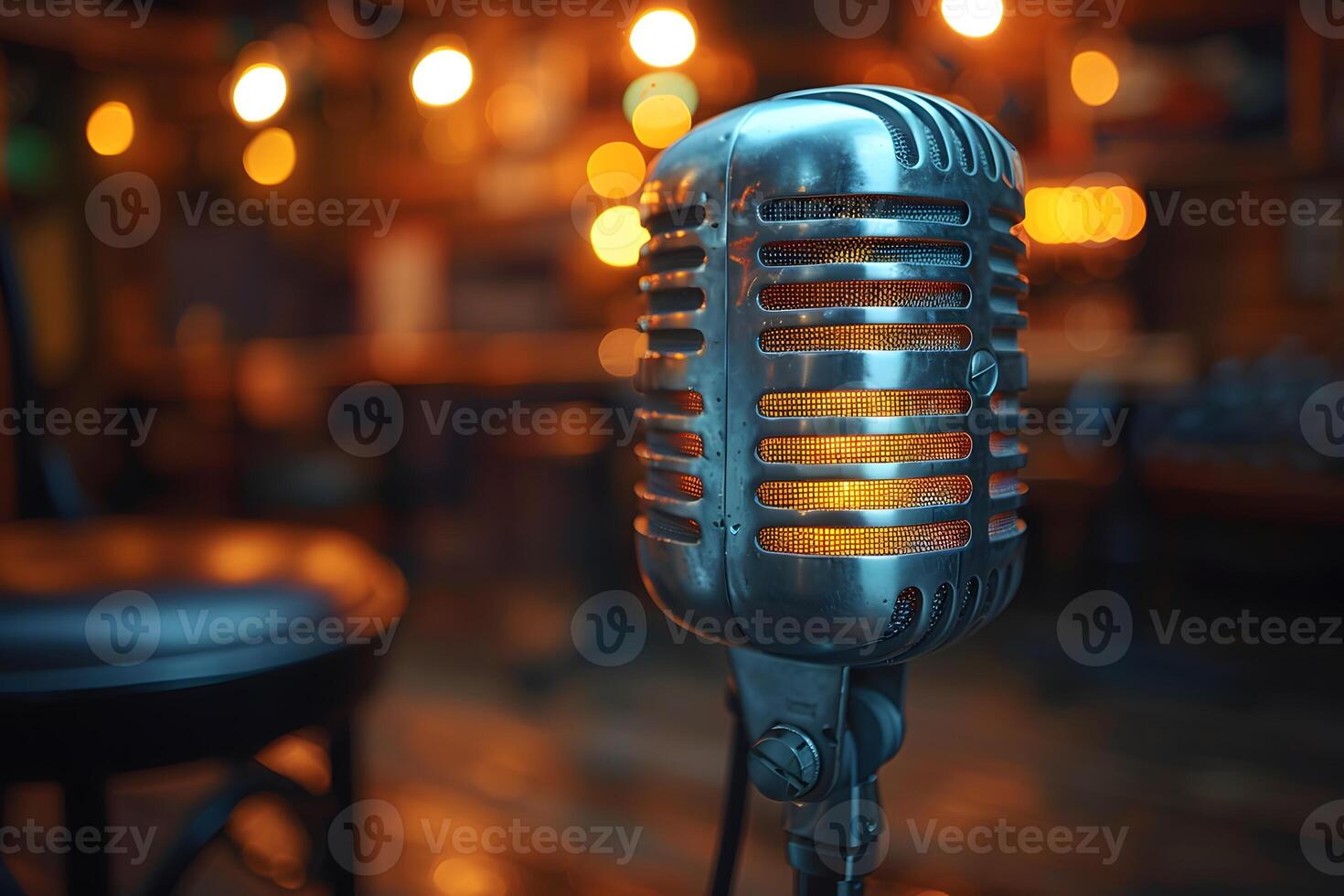 Vintage Microphone in Warmly Lit Retro Jazz Club Setting for Music Events and Promotions photo