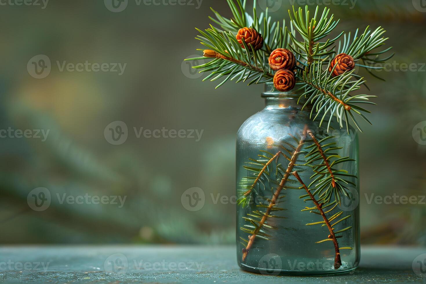 Rustic Winter Decor with Pine Branches in Glass Jar for Seasonal Aesthetic photo
