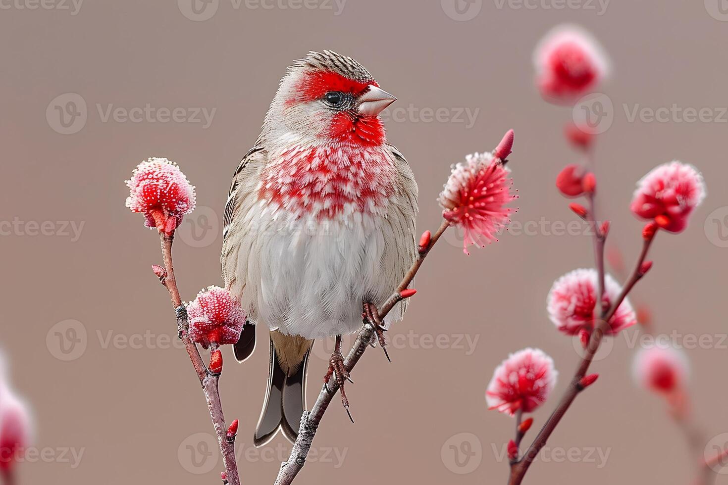 Charming Finch on Frosted Blossoms in Tranquil Winter Scene photo