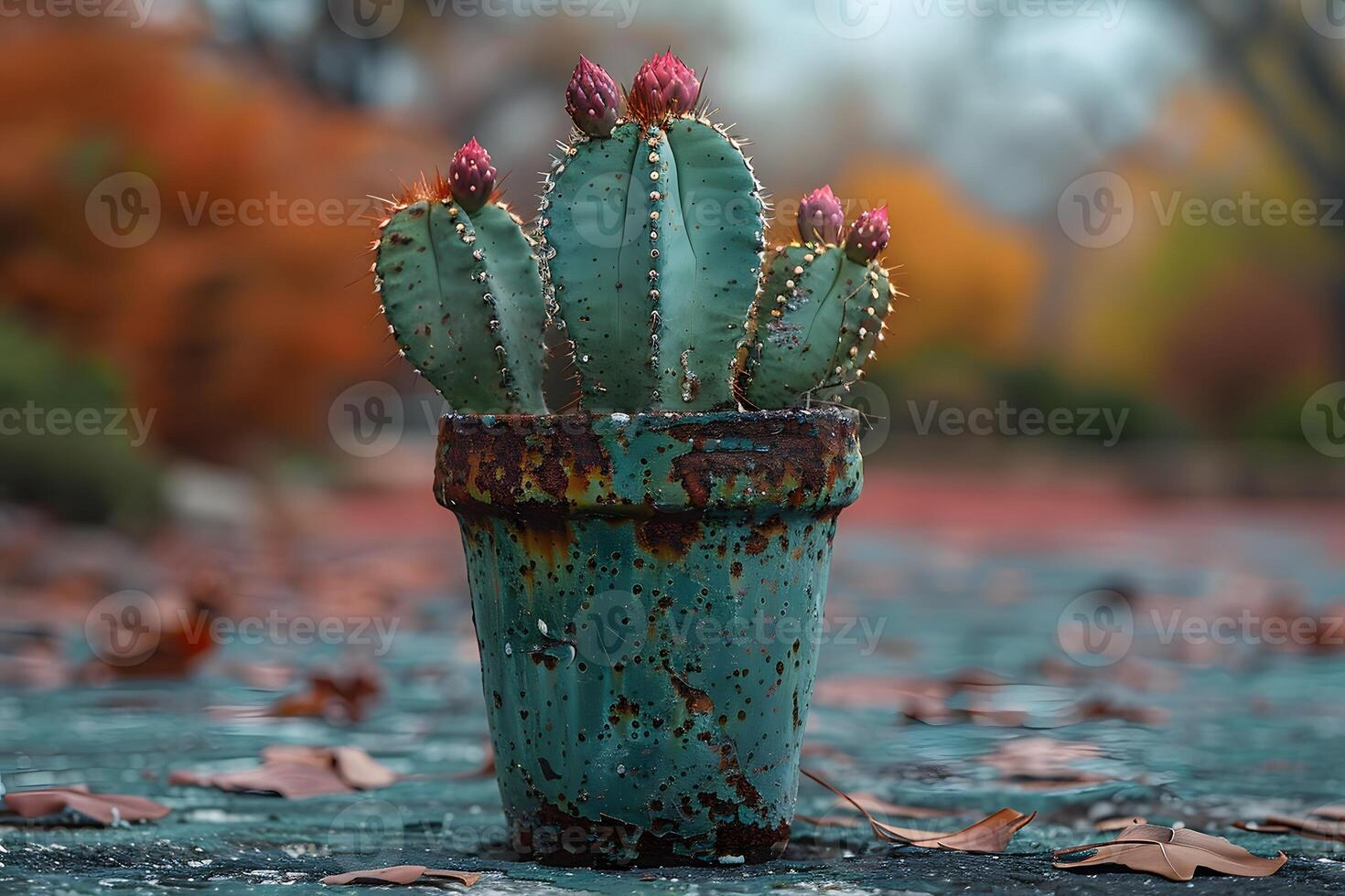 Antique Potted Cactus in Autumn Setting for Home Decor and Nature Themes photo