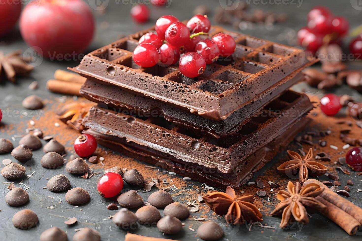 Decadent Chocolate Waffles with Red Currants and Spices for a Gourmet Dessert Experience photo