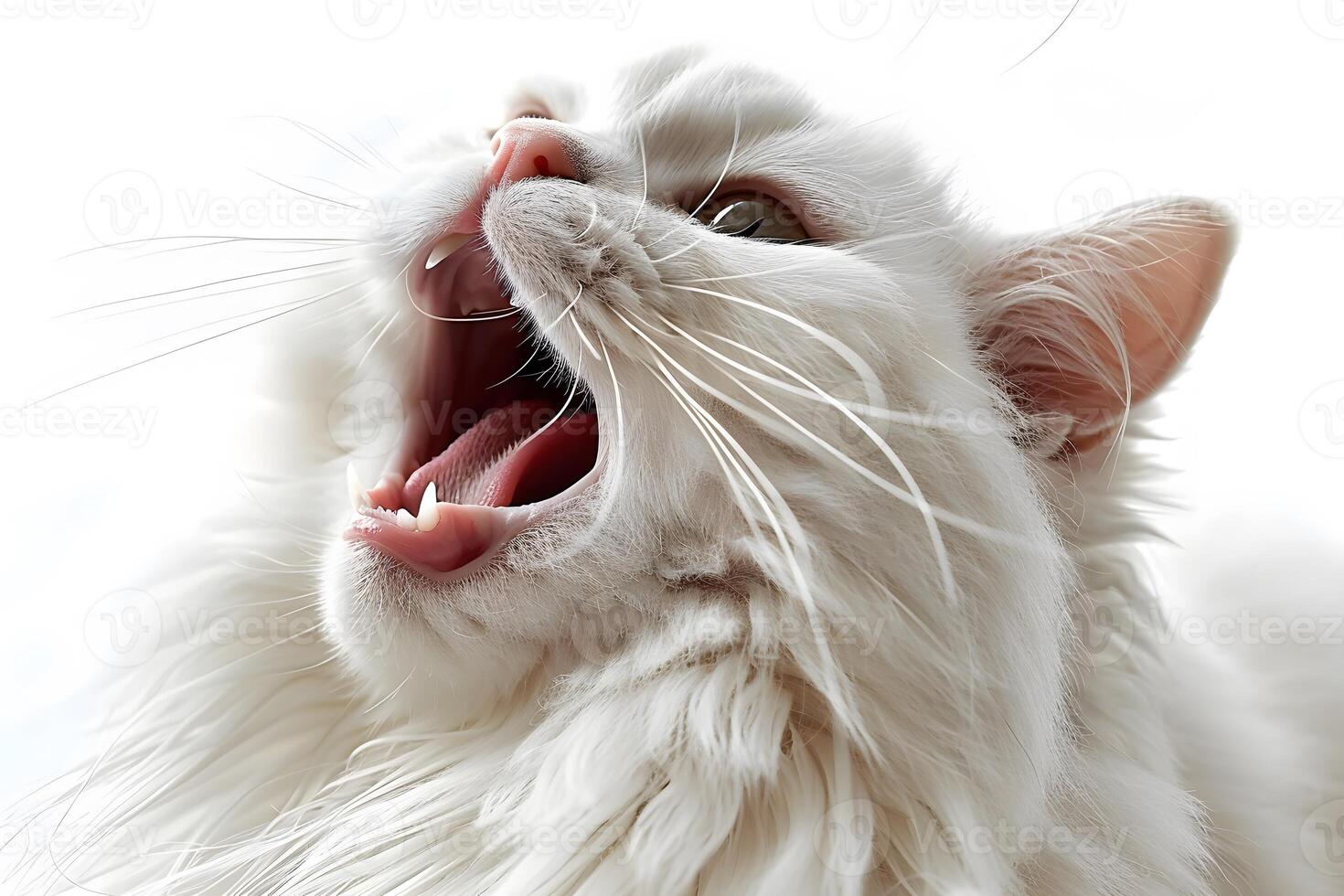 Yawning Fluffy White Cat with Whiskers on Full Display - Perfect for Animal-Themed Decor or Cards photo