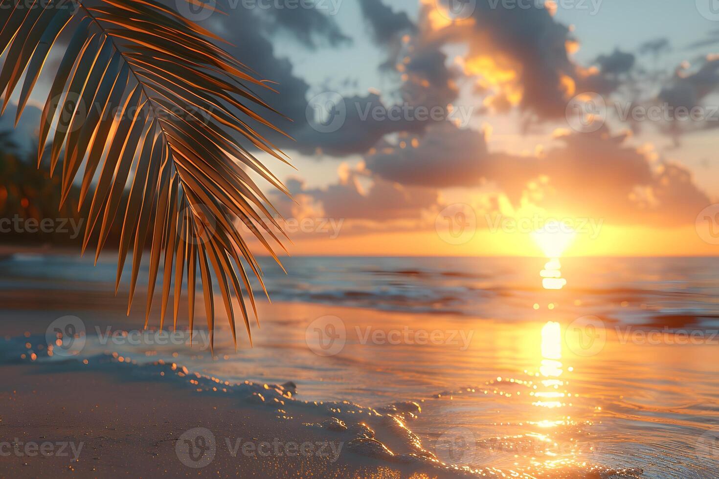 Tranquil Sunset at Tropical Beach with Palm Frond and Golden Reflections photo