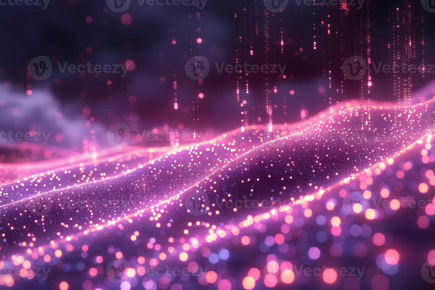 Futuristic Digital Particle Landscape with Neon Glow for Technology Design photo