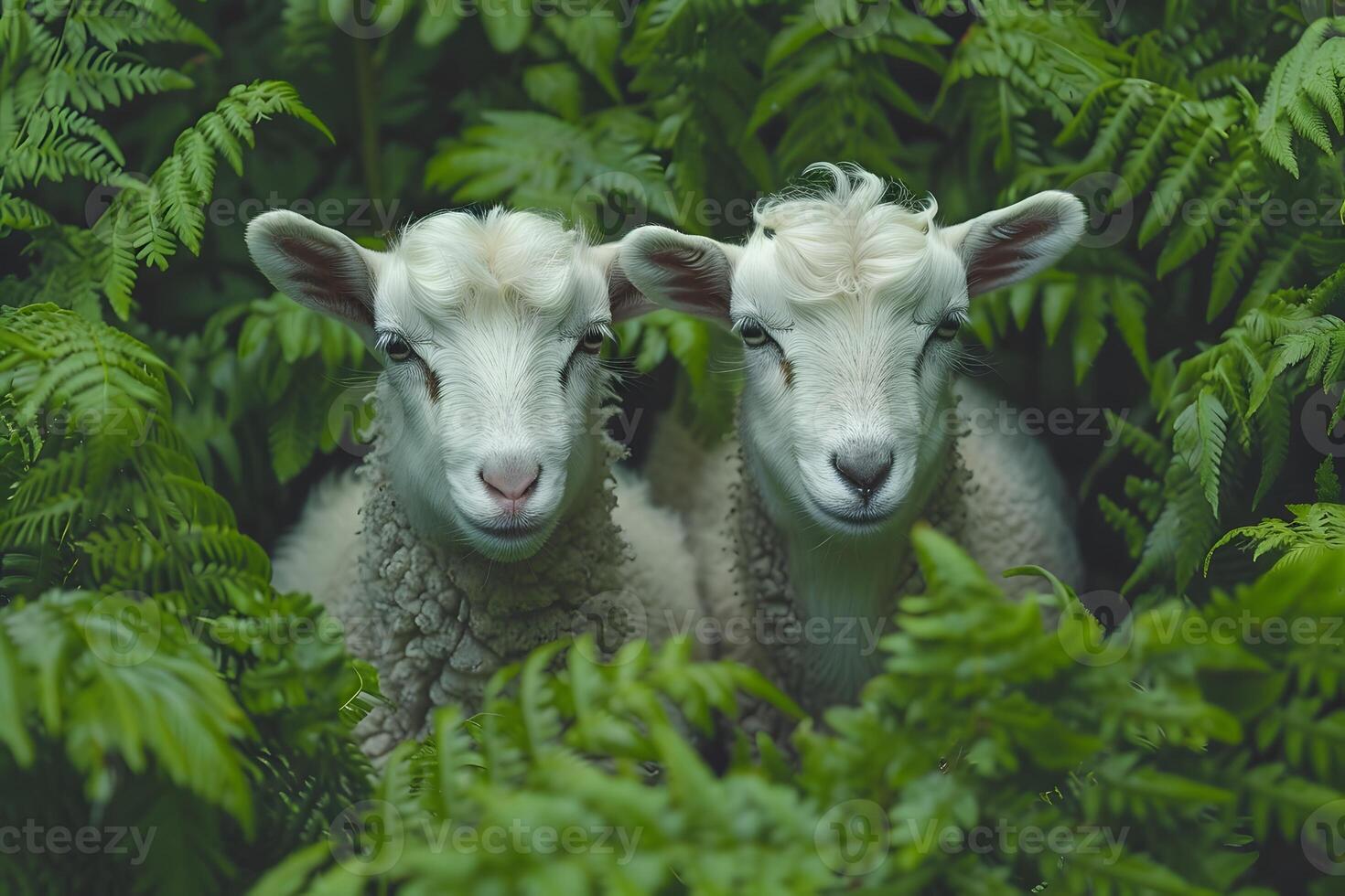 Enchanting Twin White Lambs Surrounded by Lush Green Ferns in a Forest Setting photo