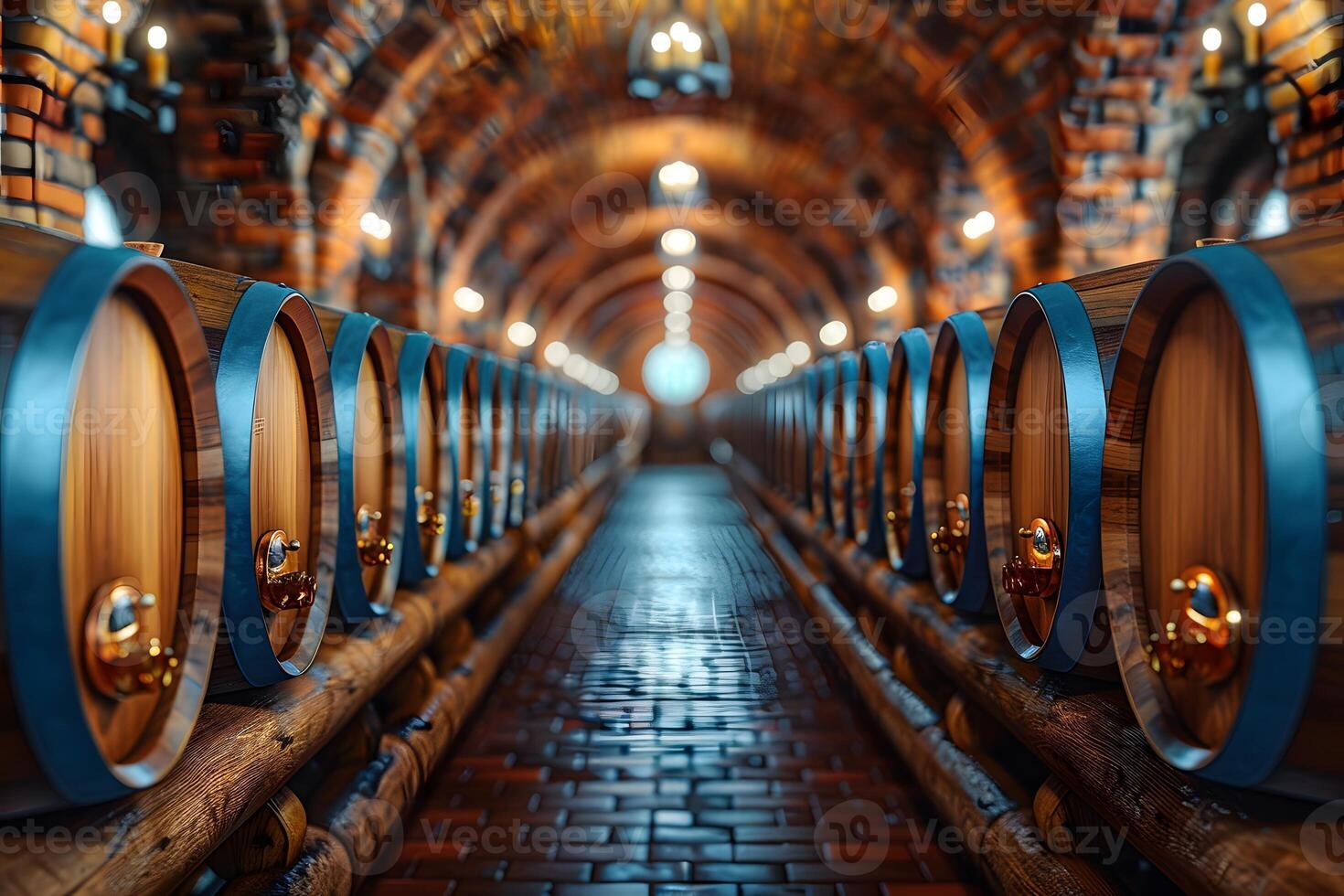 Rustic Wine Cellar with Wooden Barrels in a Brick-Walled Vaulted Hallway photo