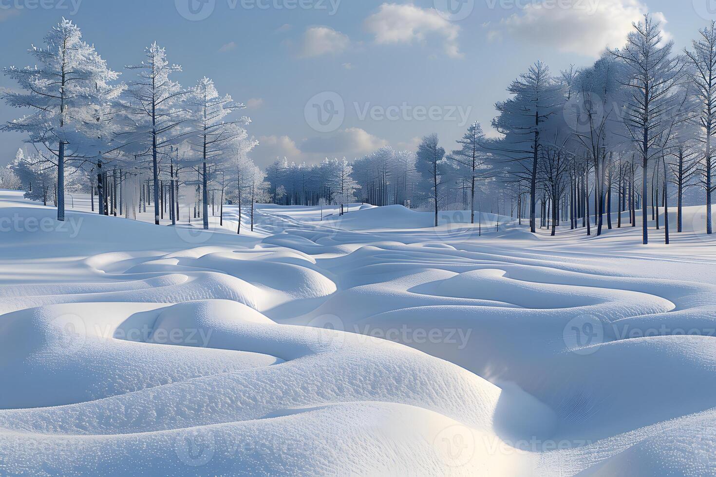 Serene Winter Wonderland Landscape with Snow-Covered Trees and Gentle Hills photo