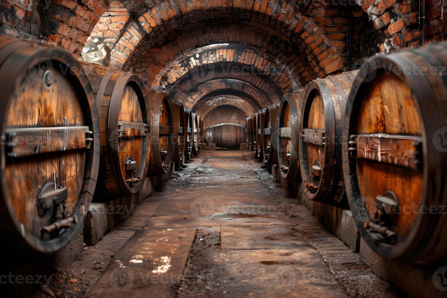 Historic Wine Cellar with Aged Oak Barrels in Rustic Brick Tunnel photo