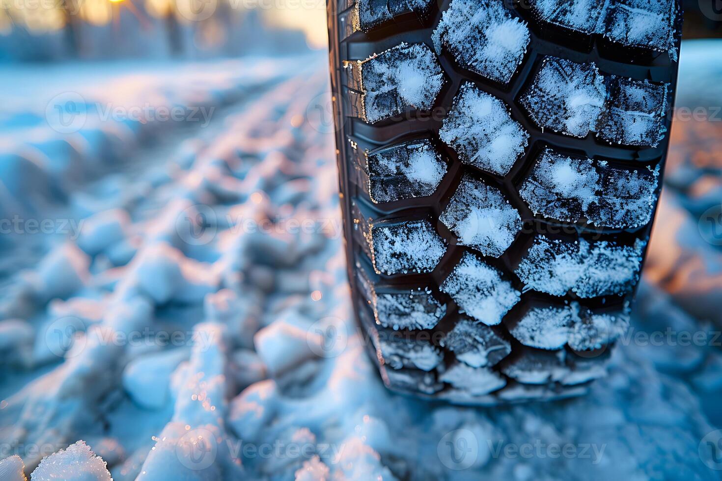 Winter Driving Safety Concept - Close-Up of Snow-Covered Tire on Icy Road photo