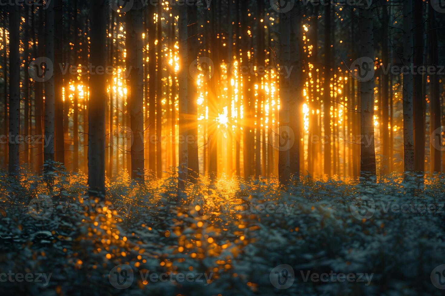 Enchanting Forest Sunset with Golden Light and Mystical Atmosphere photo