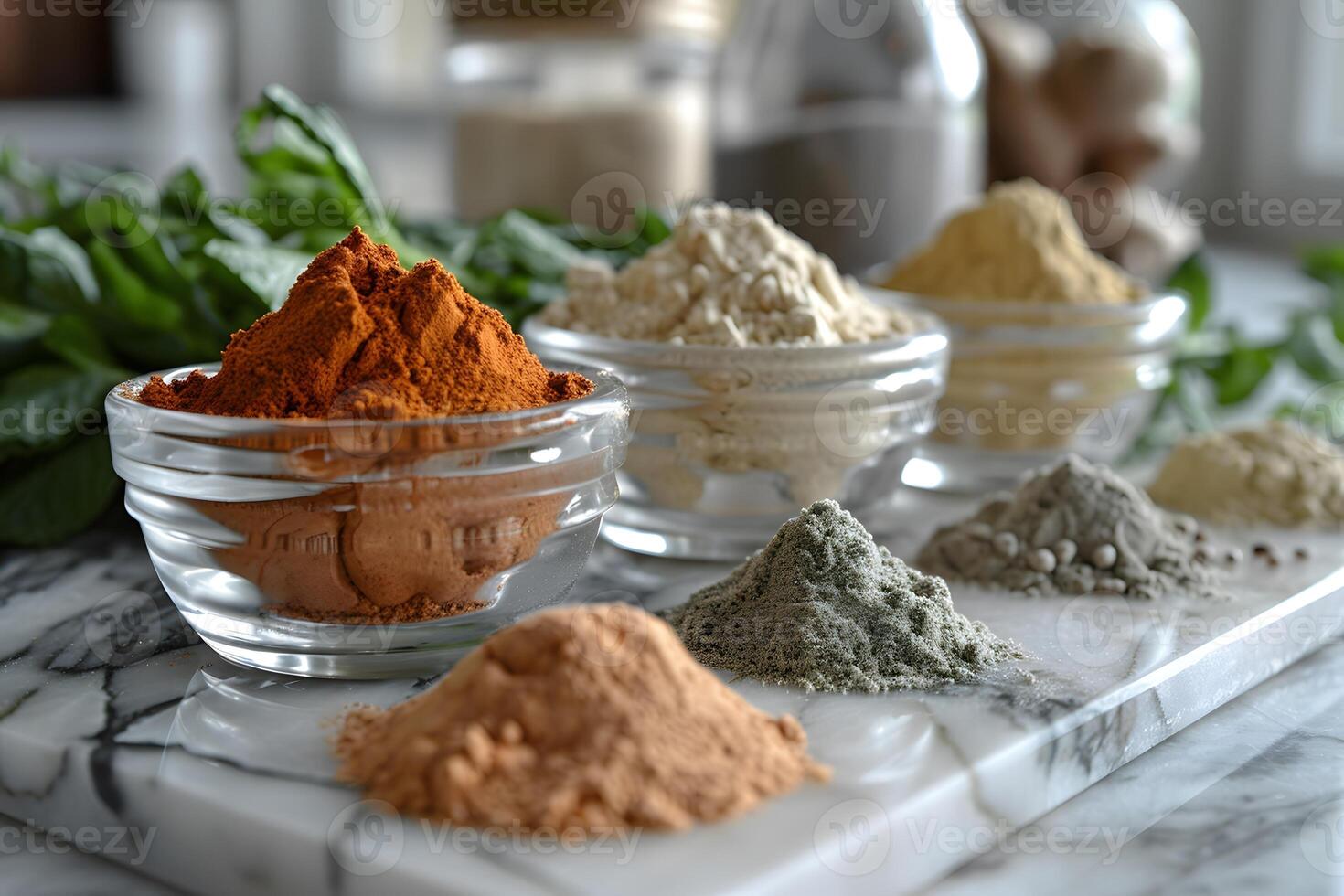Variety of Colorful Powdered Spices and Herbs for Culinary and Health Inspiration photo