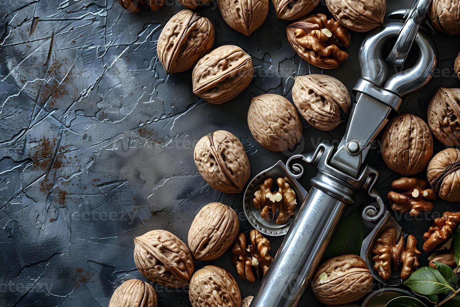 Rustic Walnut and Nutcracker Arrangement on Textured Surface for Culinary Design photo