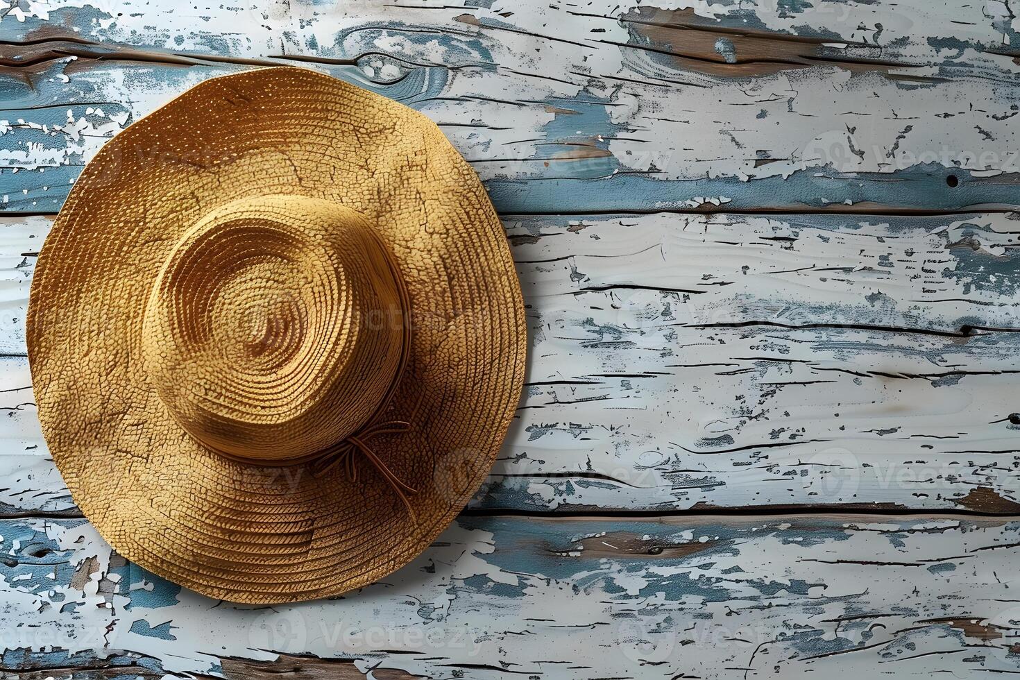 Rustic Charm Straw Hat on Weathered Blue Wooden Background for Summer Decor photo