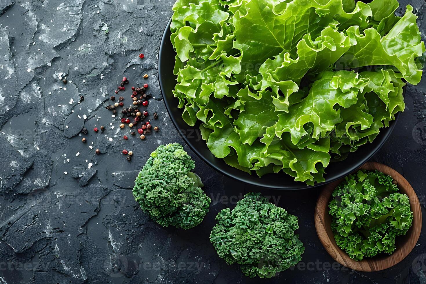Fresh Green Vegetables on Dark Stone Background for Healthy Eating and Cooking Concepts photo