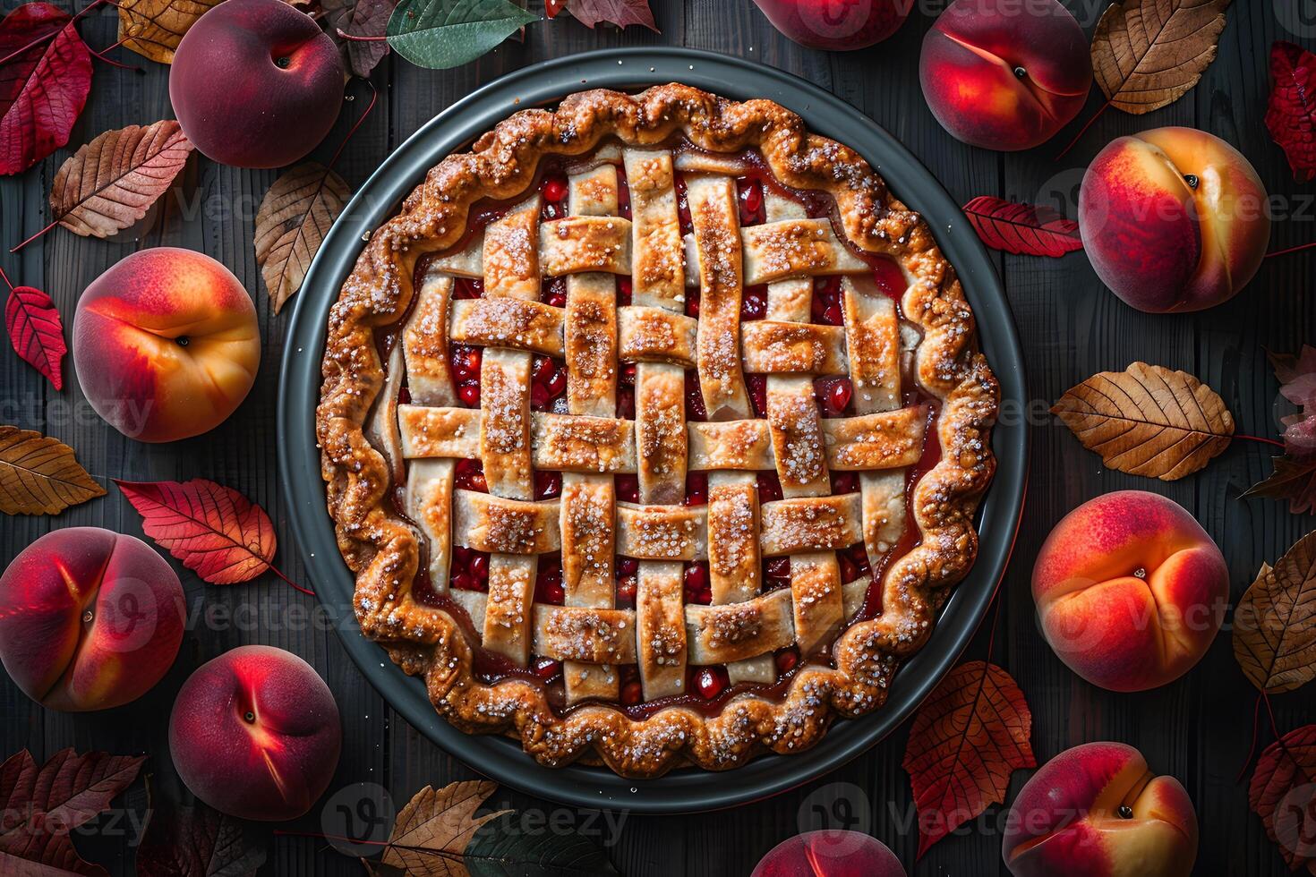 Autumn Peach Pie with Lattice Crust Surrounded by Fresh Fruit and Colorful Leaves for Seasonal Designs photo