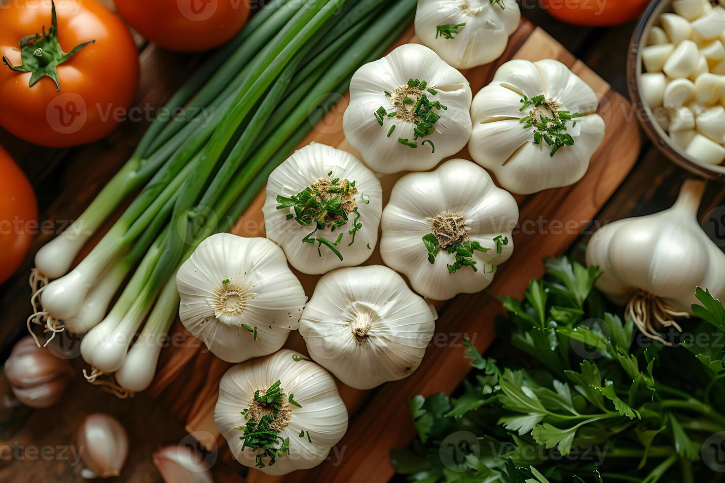Fresh Harvest Garlic, Tomatoes, and Green Onions for Rustic Cooking and Culinary Inspiration photo
