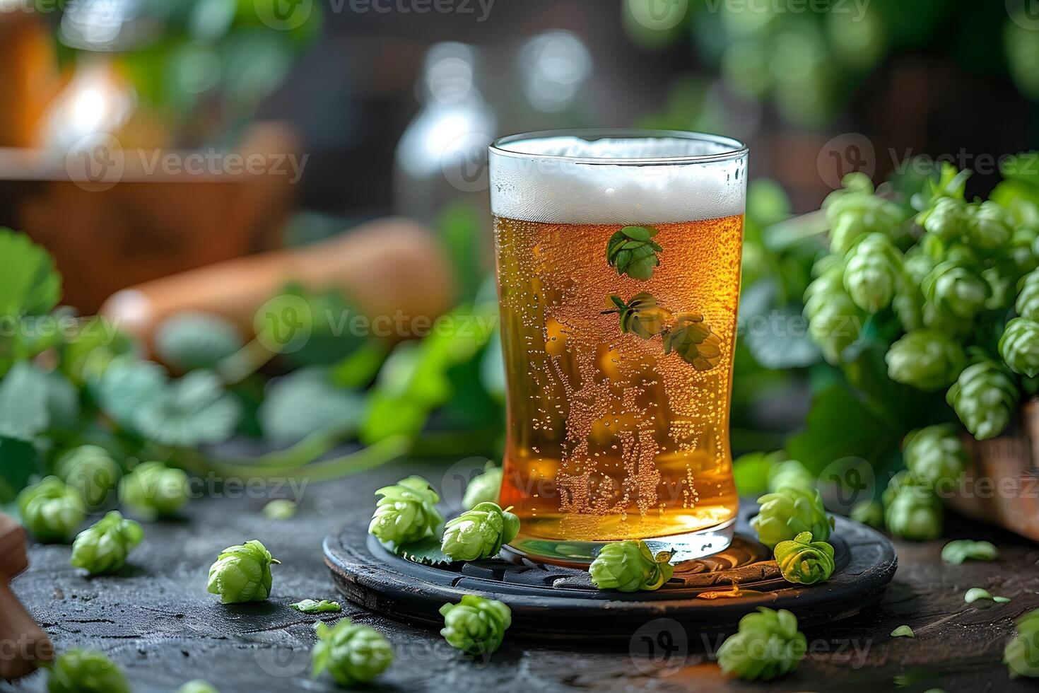 Refreshing Craft Beer with Fresh Hops in Rustic Setting - Perfect for Brewery Promotions photo