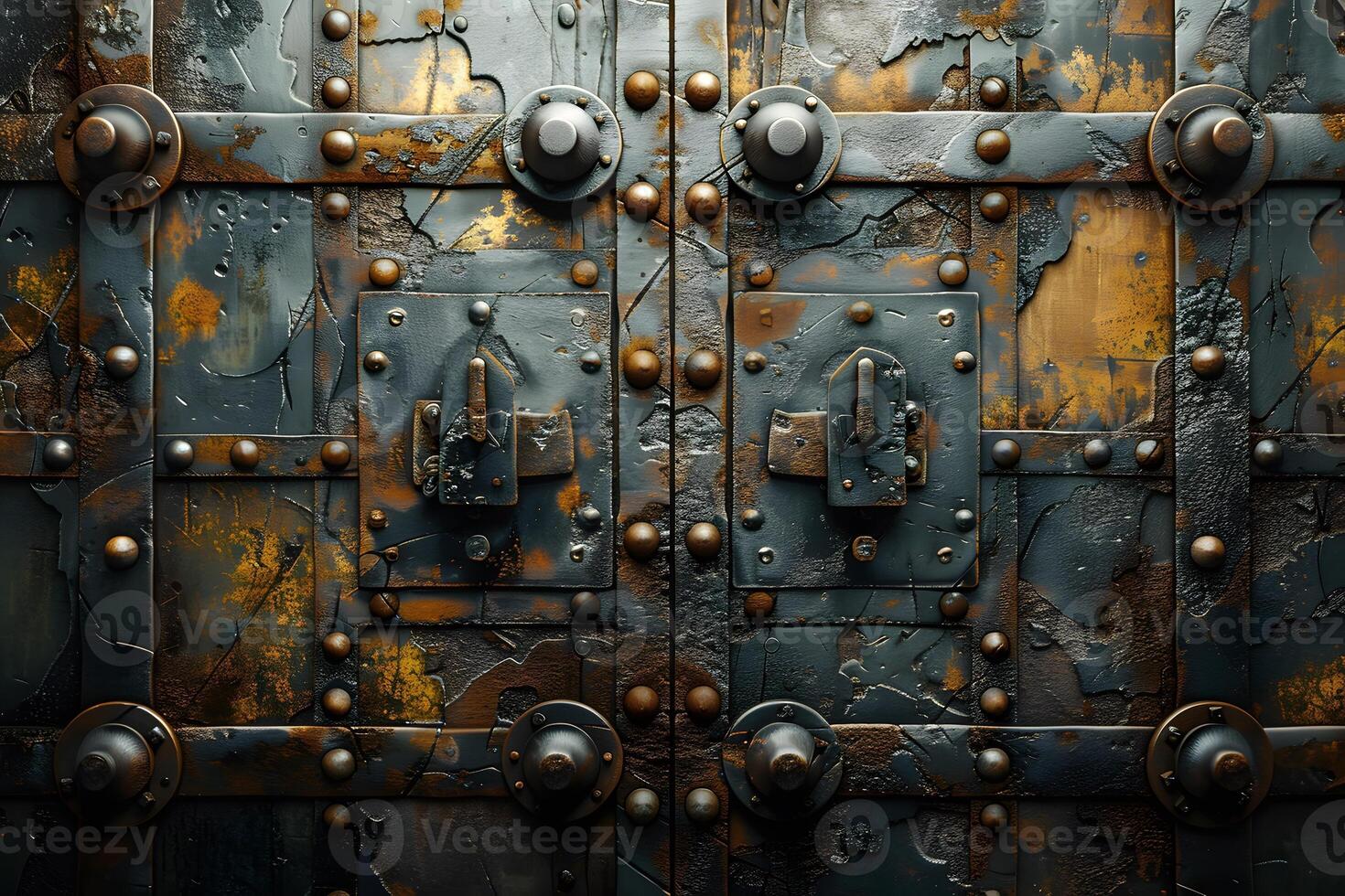 Industrial Steampunk Door with Rusted Metal Panels and Rivets photo