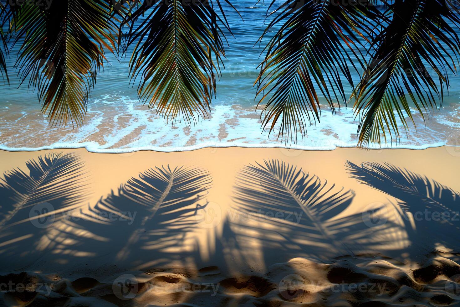 Tropical Beach Serenity with Palm Shadows at Sunset for Relaxation and Travel Themes photo