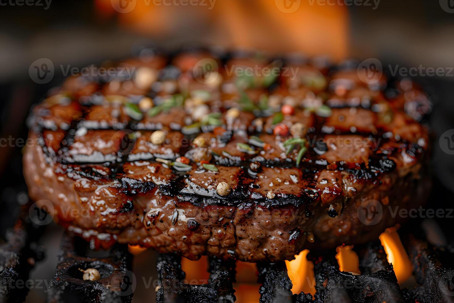 Grilled Beef Steak on Fire with Pepper and Herbs for Gourmet Cuisine and BBQ Enthusiasts photo