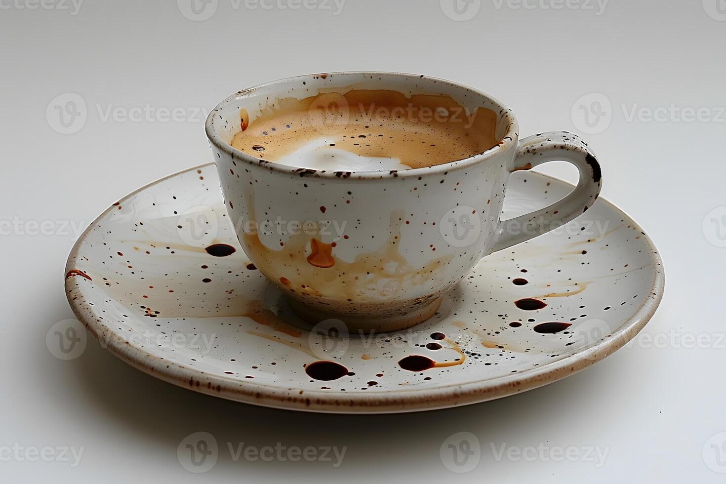 Rustic Ceramic Coffee Cup with Frothy Cappuccino on Splattered Saucer photo