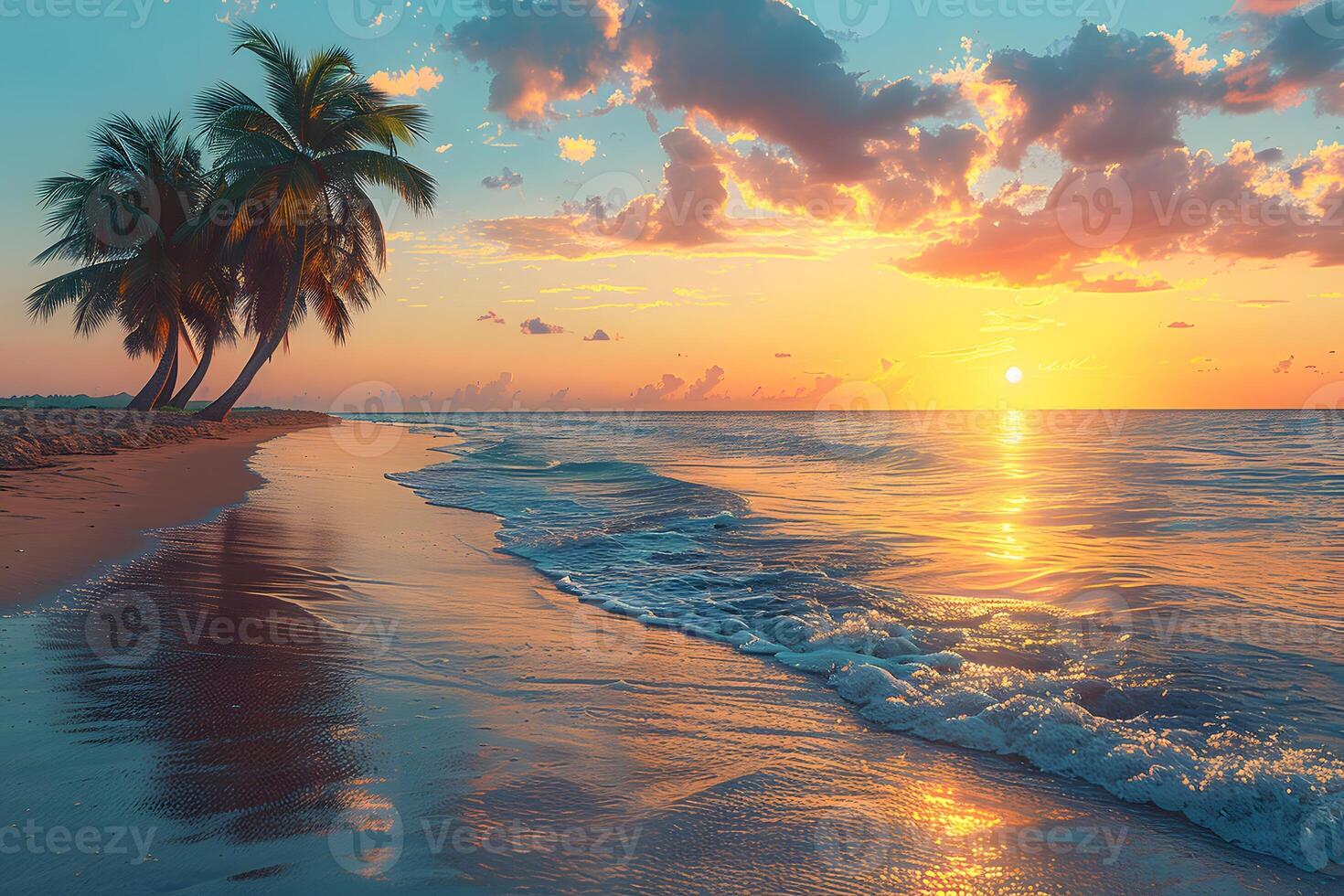 Tranquil Sunset Beach with Palm Trees and Ocean Waves for Relaxation and Inspiration photo
