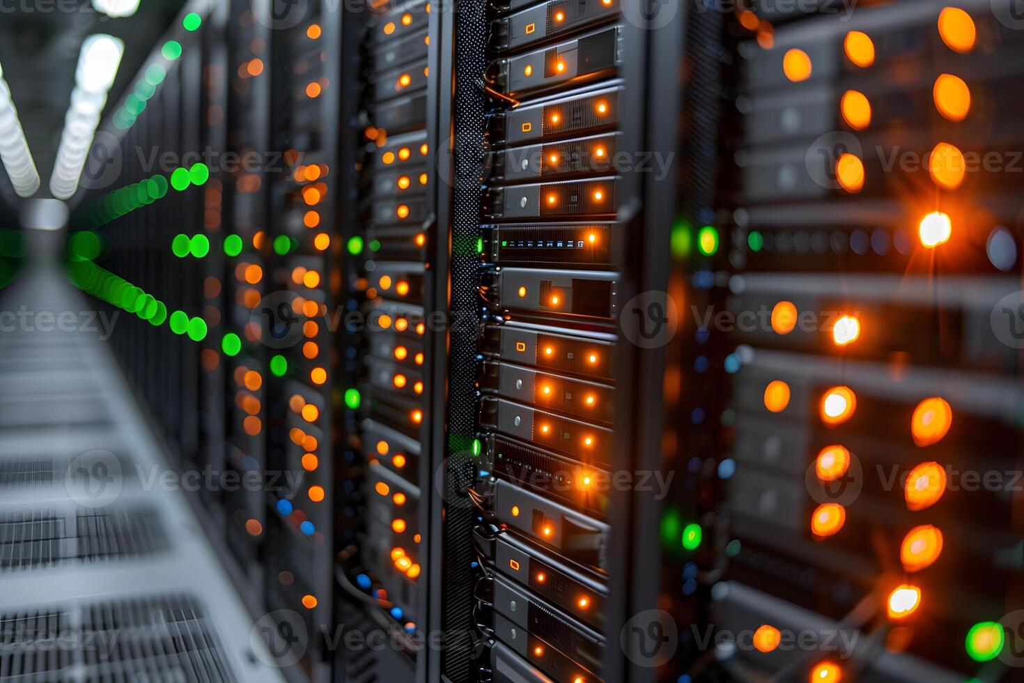 High-Tech Data Center Server Room with Blinking LED Lights photo