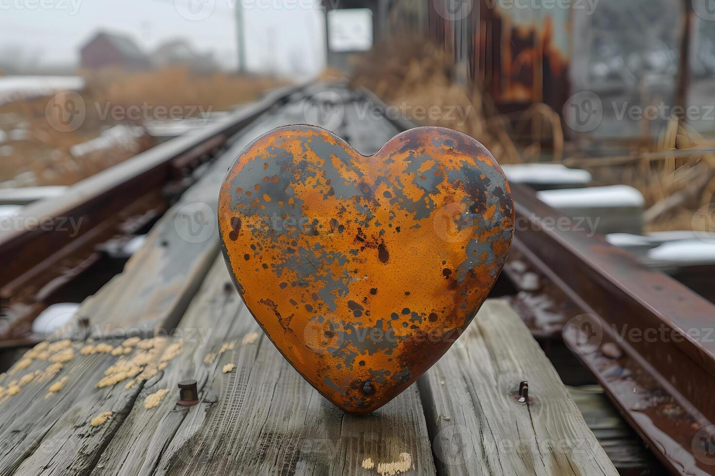 Rustic Heart Sculpture on Abandoned Railway Track for Vintage Art and Design photo