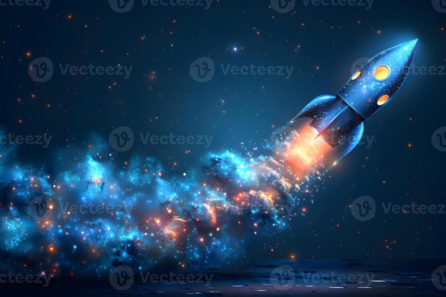 Futuristic Blue Rocket Launch Through Starry Space with Glowing Trail photo