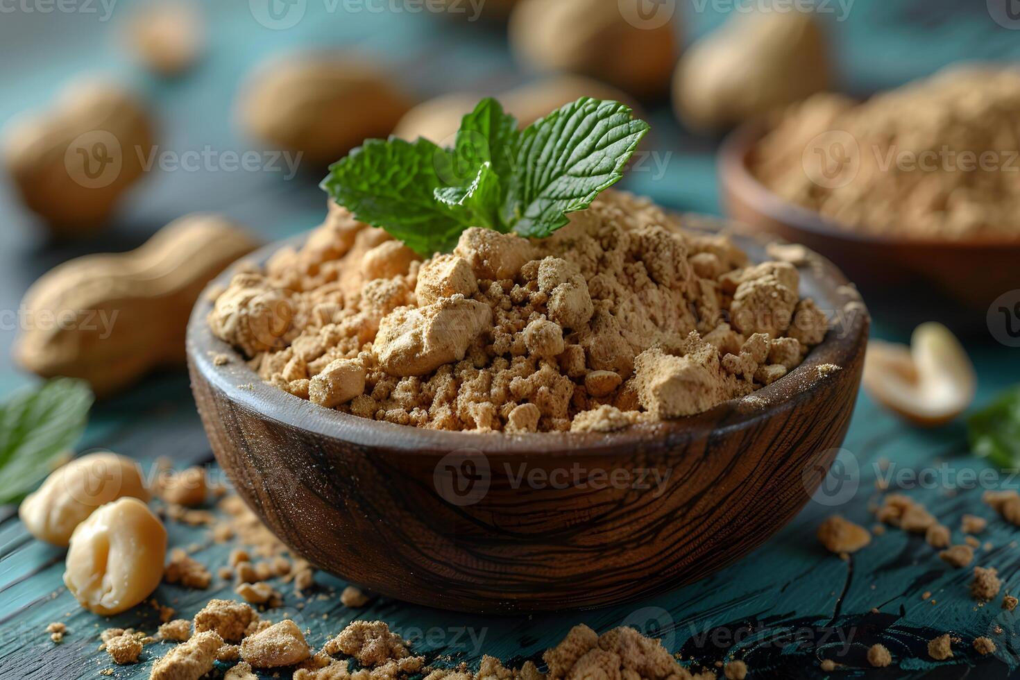 Freshly Ground Peanut Powder with Mint Garnish for Culinary Delights photo