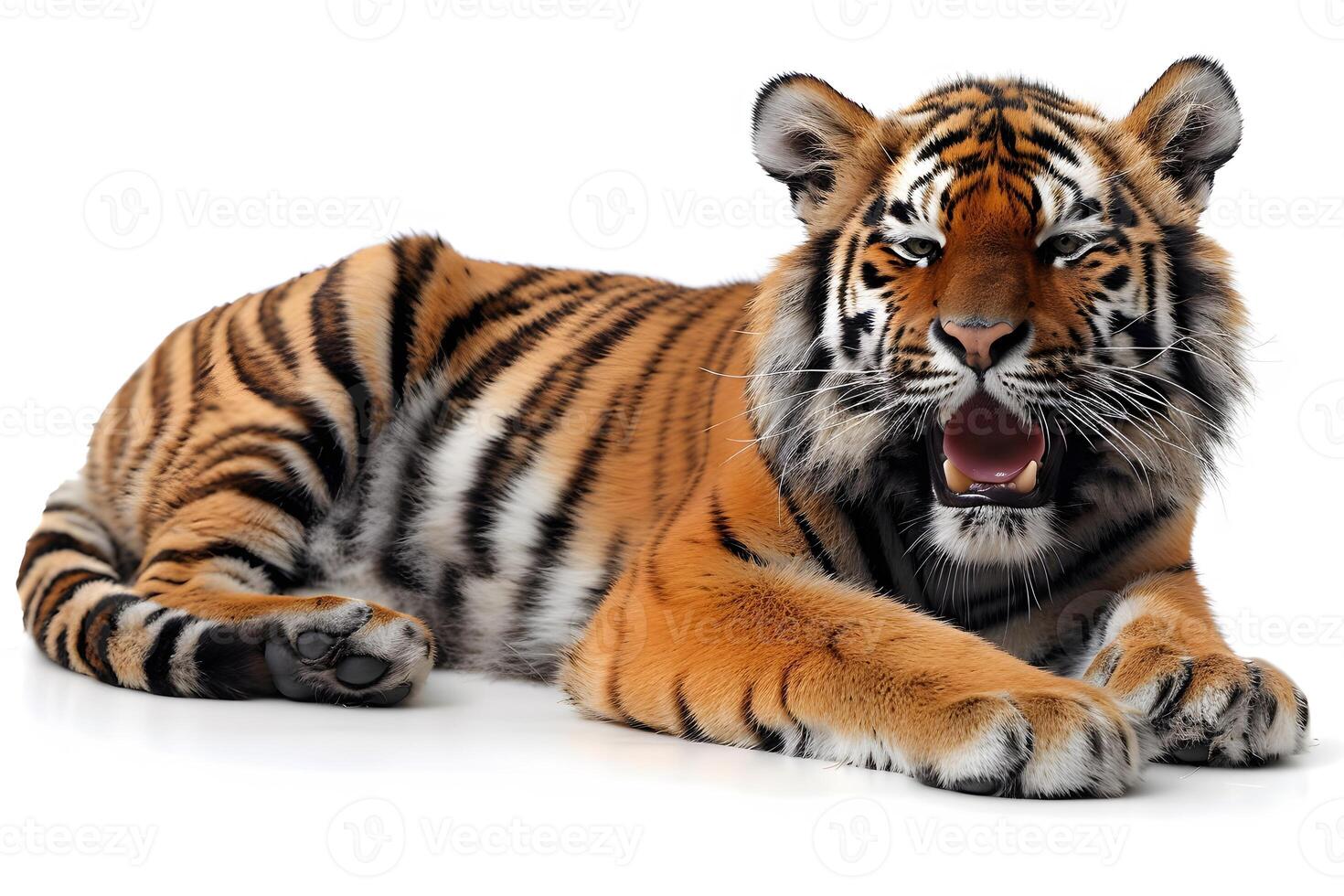 Majestic Tiger in Restful Pose on White Background for Wildlife Art photo