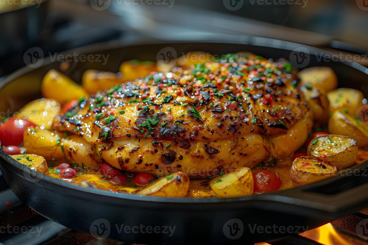 Gourmet Herb Roasted Chicken with Crispy Baby Potatoes in Cast Iron Skillet photo