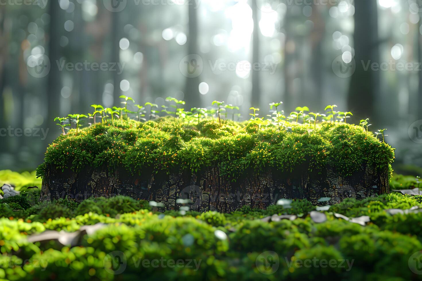 Lush Forest Growth Sunlit Moss and Seedlings on Tree Stump in Woodland Setting photo